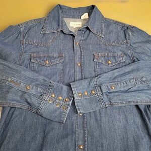 🤠Stetson Shirt Men's Medium Blue Denim Pearl Snap Cowboy-Core Western Rodeo